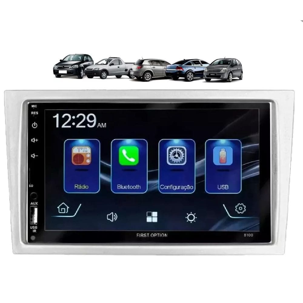Kit Multimídia Corsa Montana Meriva Vectra Mold Prata 7 Pol CarPlay AndroidAuto - FirstOption 8100