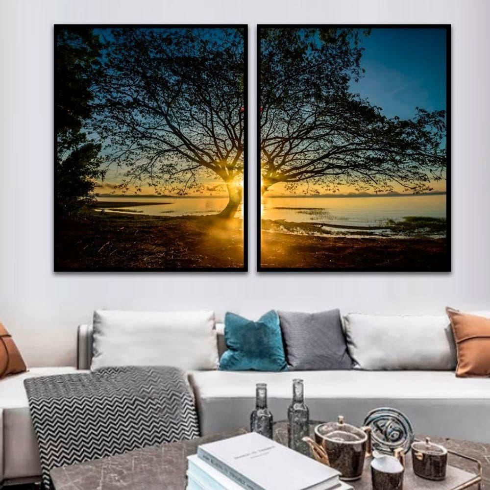 Kit Com 2 Quadros Decorativos 60x40 Cm Floral Com Moldura Caixa Preta 3 Centimetros Profundidade