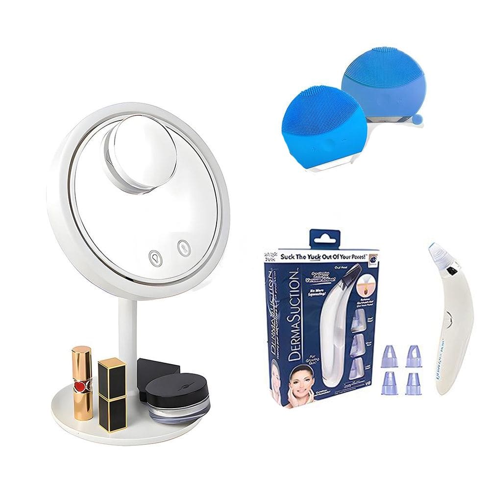 Espelho Led Bifocal com Vento Seca Maquiagem + DermaSuction + Esponja Massageadora Elétrica