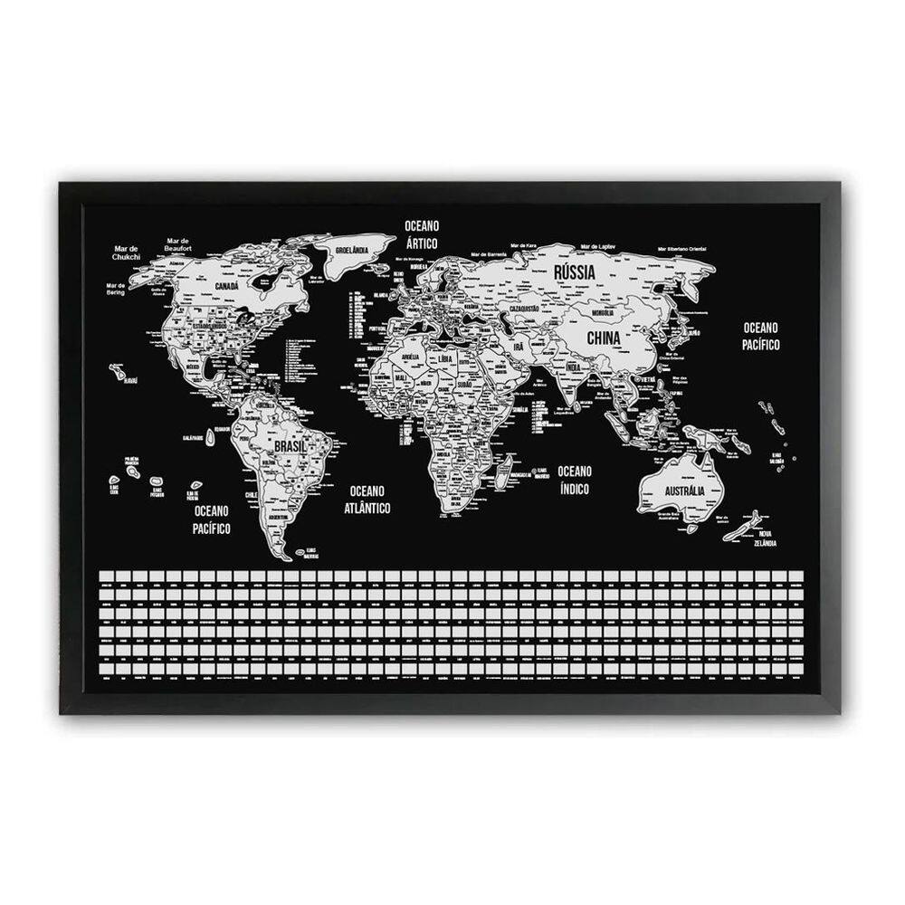 Mapa Mundi De Raspar Raspadinha Bandeiras 73X50 Com Moldura