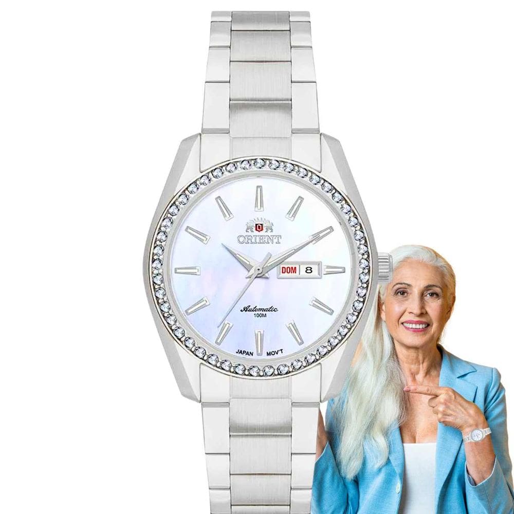 Relógio de Pulso Orient Feminino Automático Pequeno Redondo Prova Dágua 100 Metros Casual Prata NH6SS004 B1SX
