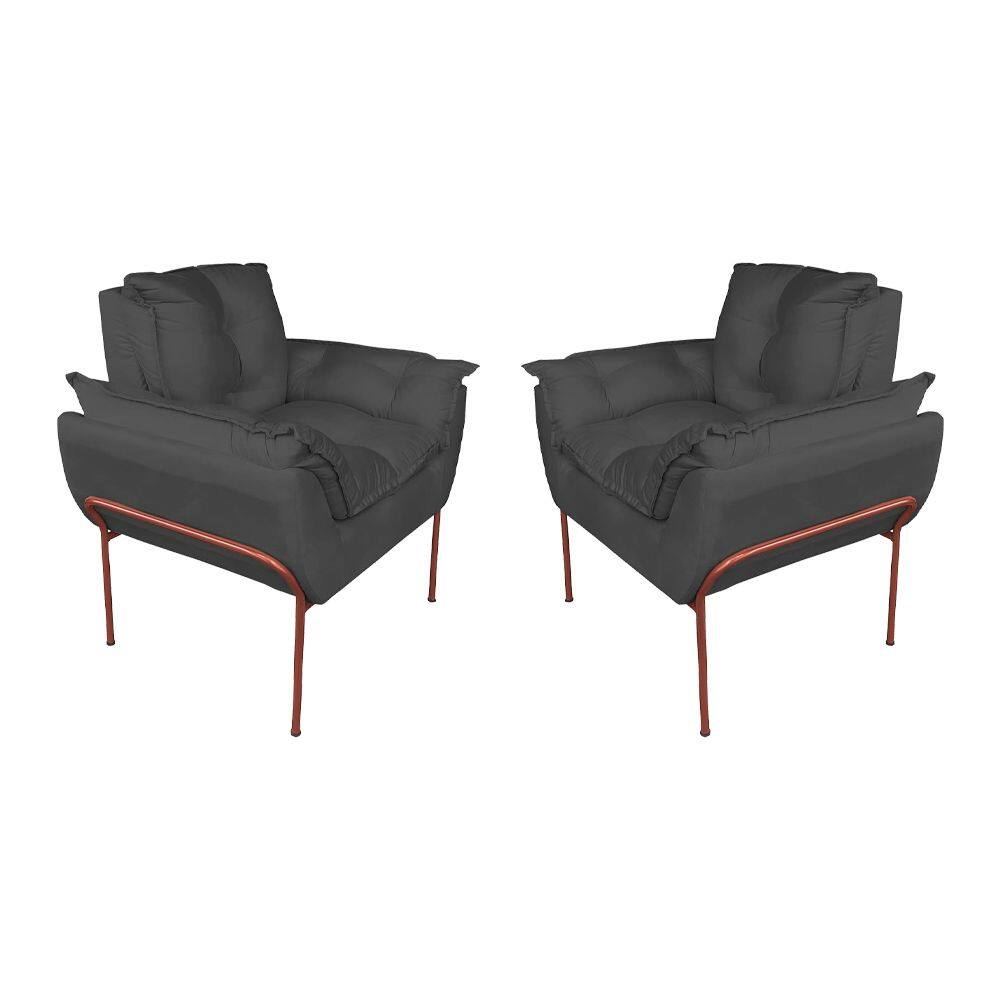 Kit Poltrona Moderna Base Cobre Suede Cinza - Vallisa Decor