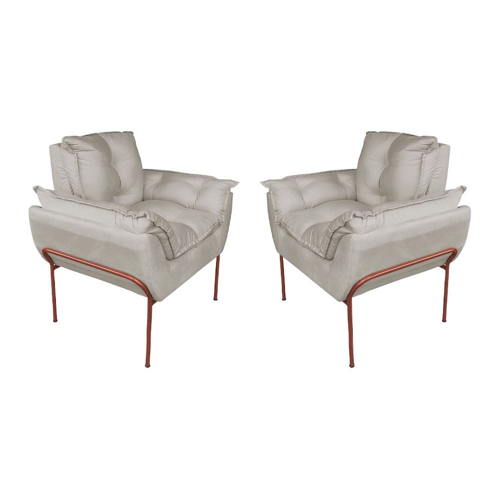 Kit 2 Poltronas Luxo Suede Bege Base de Ferro Cobre - Vallisa Decor