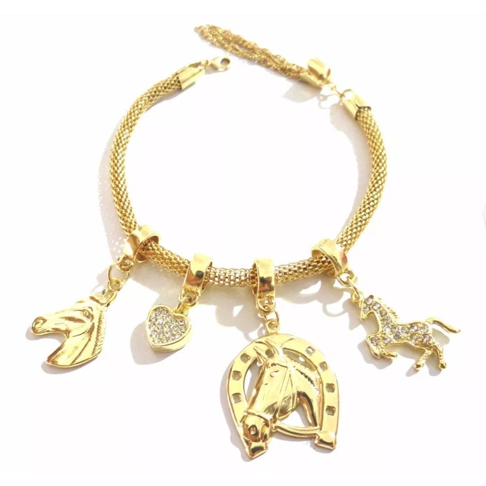 Pulseira Country Cavalo Completa Com Berloques Folheado