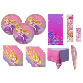 Pacote de festa exclusivo Tangled Rapunzel para 16, com pratos e guardanapos