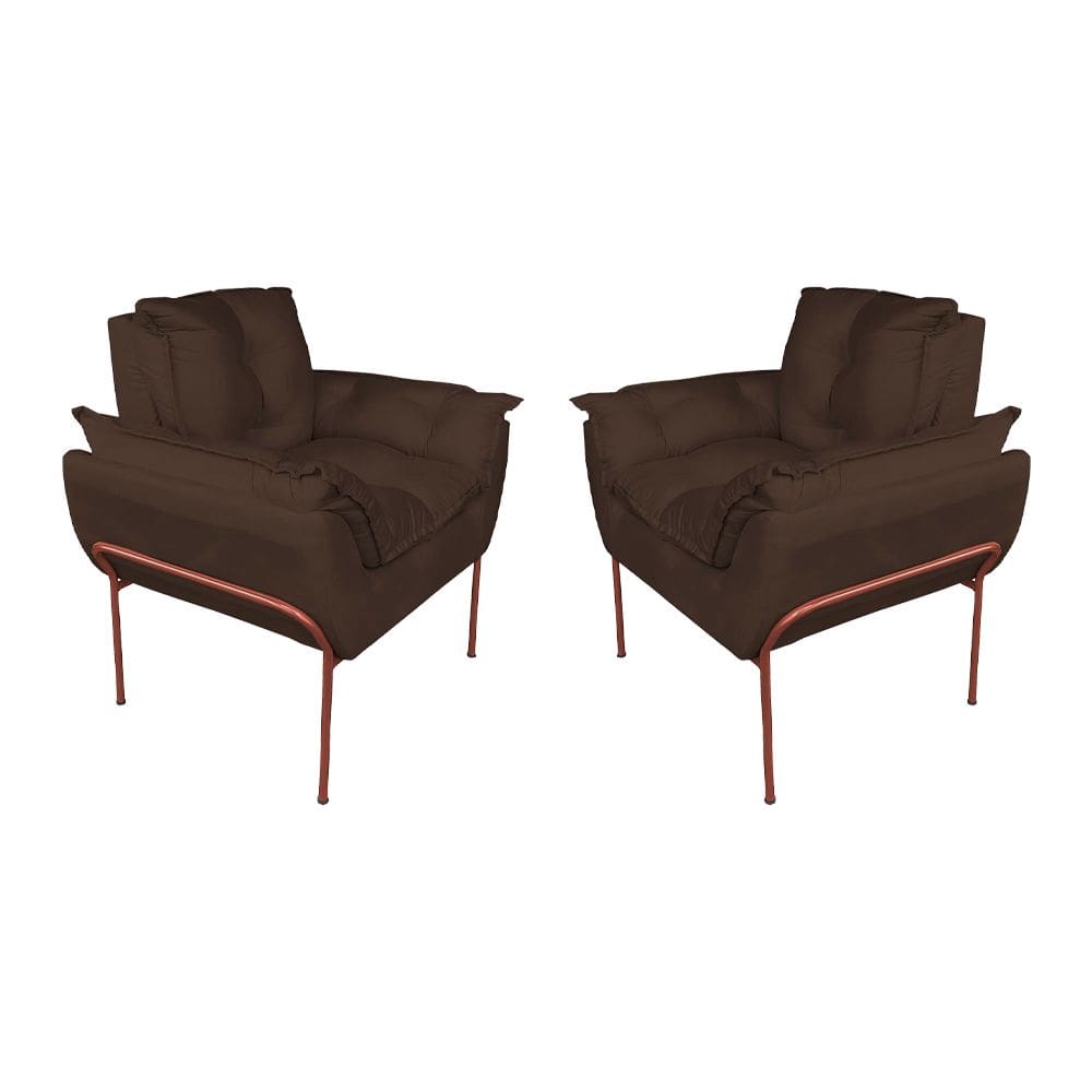 Kit Poltrona Recepção Suede Marrom Base Cobre - Vallisa Decor