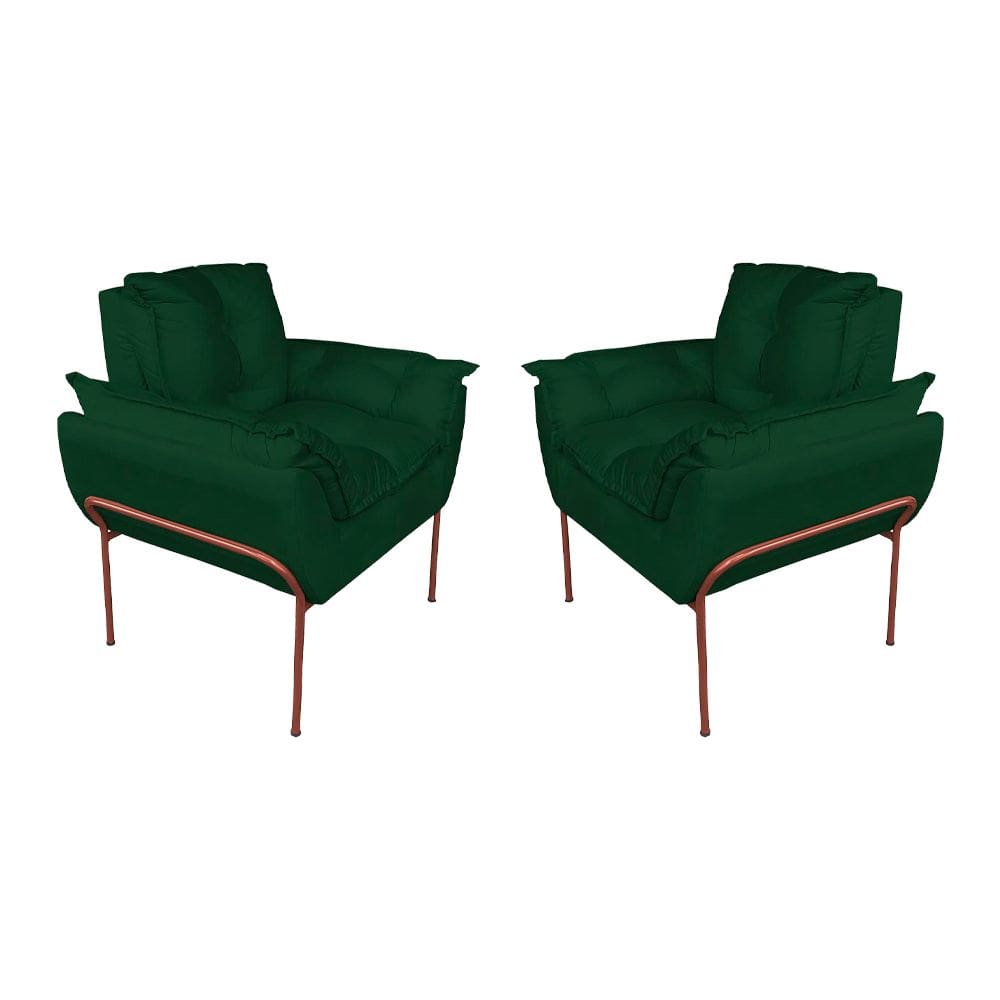 Kit Poltrona Decorativa Suede Verde Base Metálica Cobre - Vallisa Decor