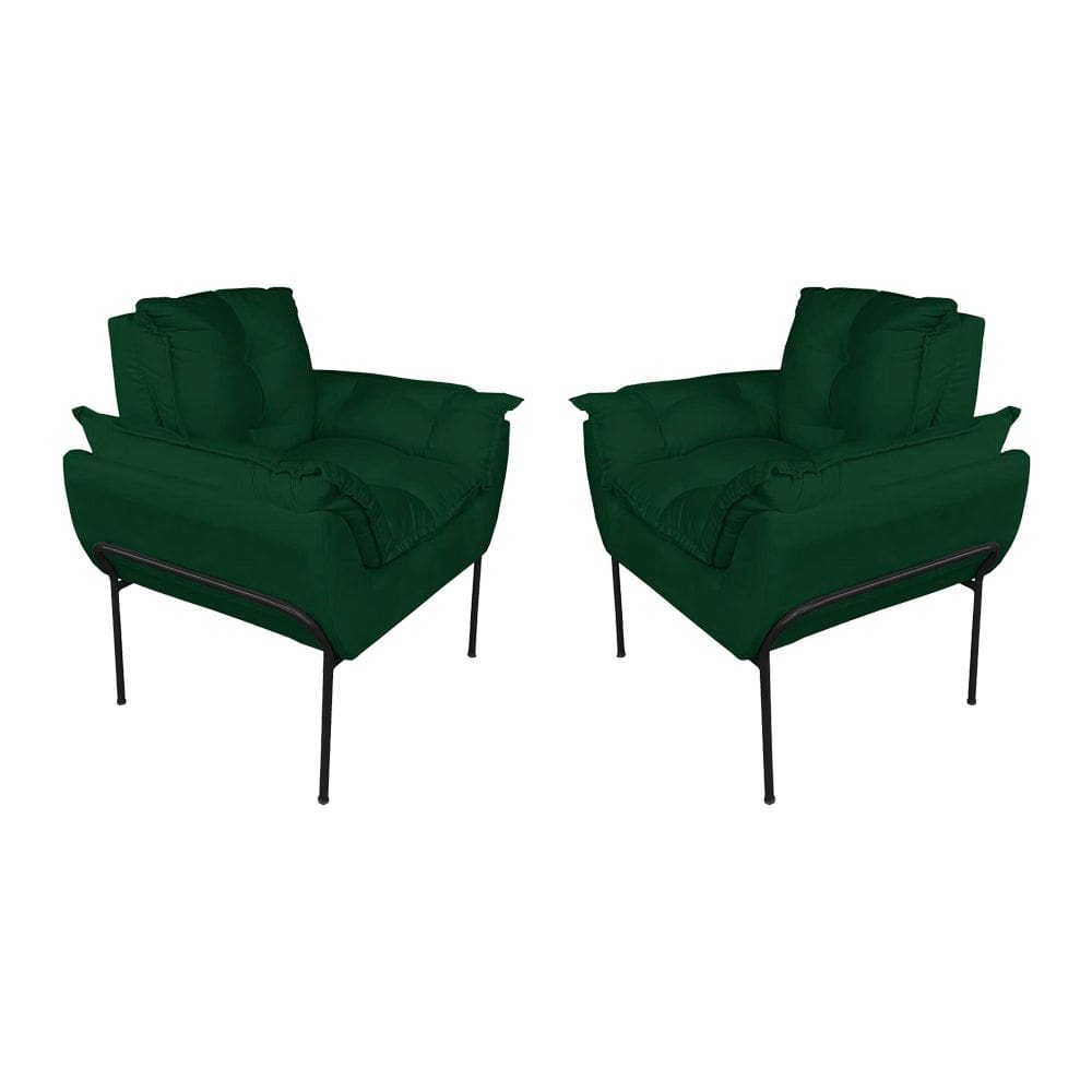Kit Poltrona Decorativa Suede Verde Base Metálica Preta - Vallisa Decor