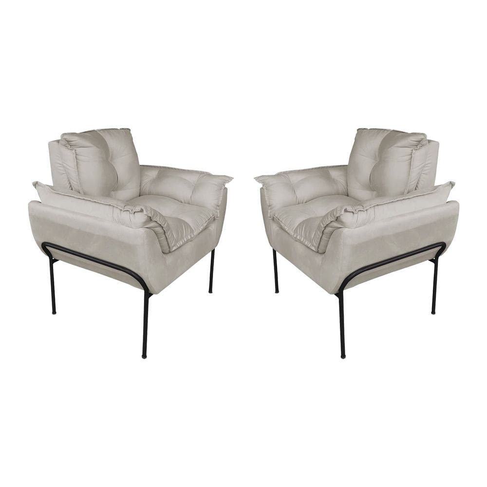 Kit Poltrona Recepção Suede Bege Base Preta - Vallisa Decor