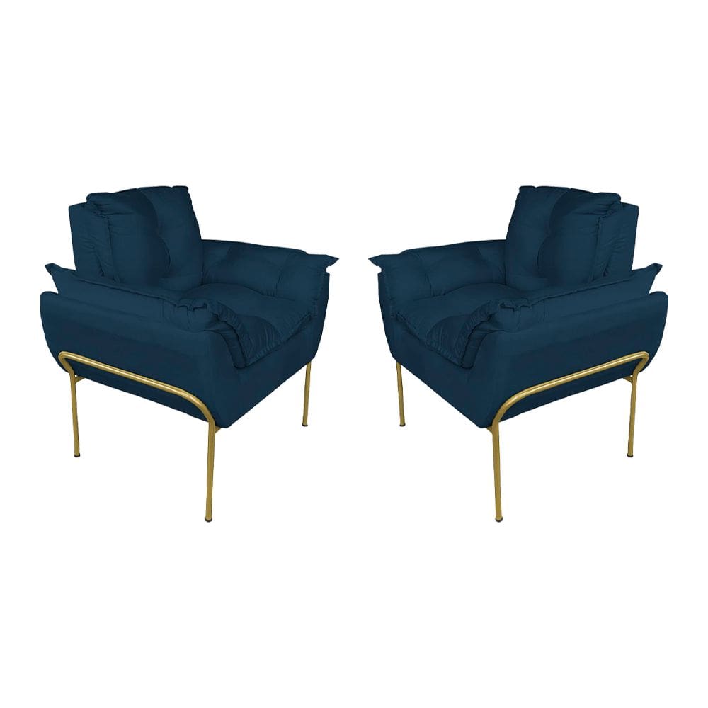 Kit 2 Poltronas Luxo Suede Azul Marinho Base de Ferro Dourada - Vallisa Decor