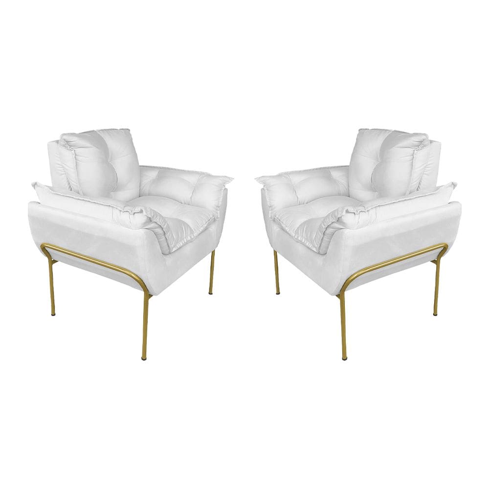 Kit 2 Poltronas Luxo Suede Branco Base de Ferro Dourada - Vallisa Decor