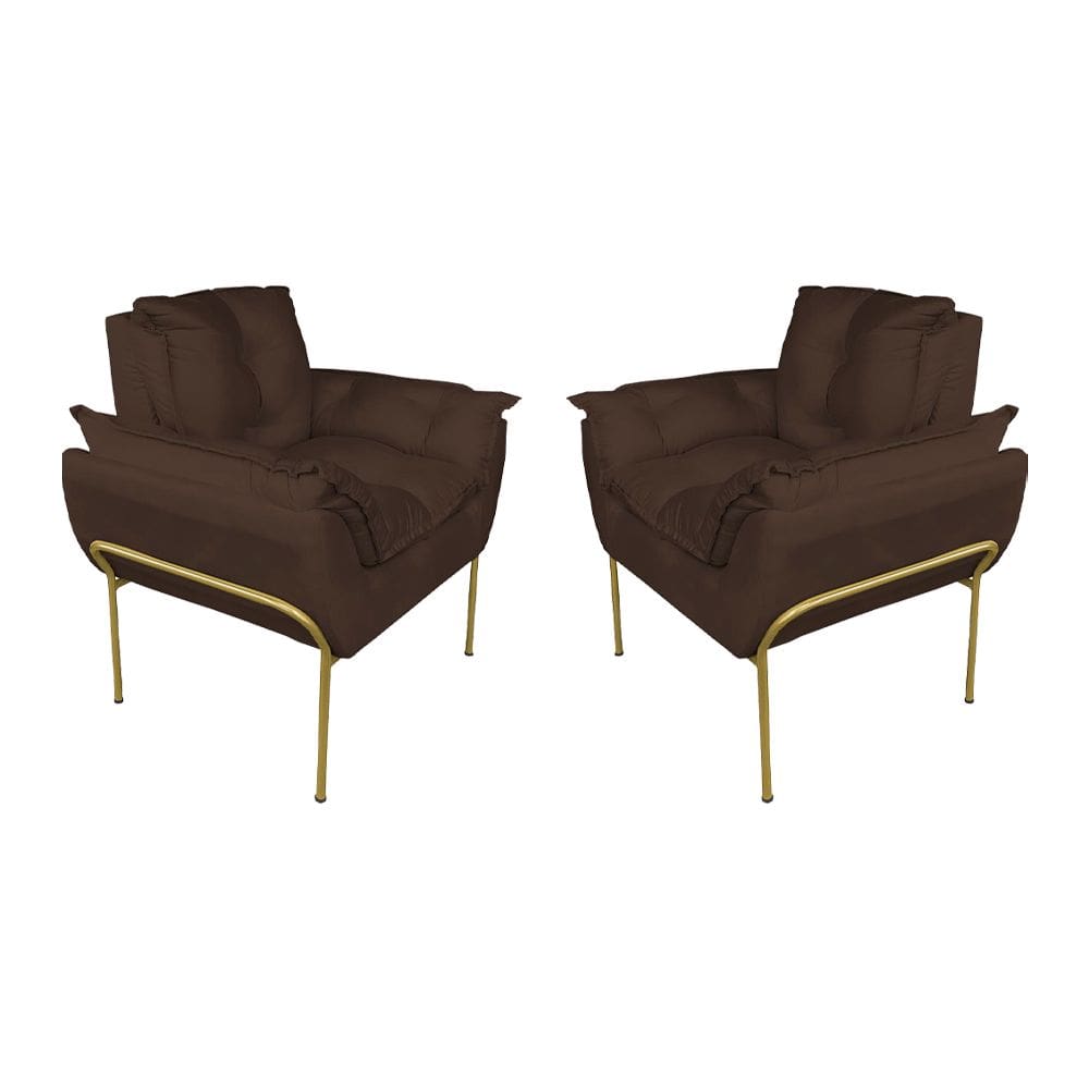 Kit 2 Poltronas Luxo Suede Marrom Base de Ferro Dourada - Vallisa Decor