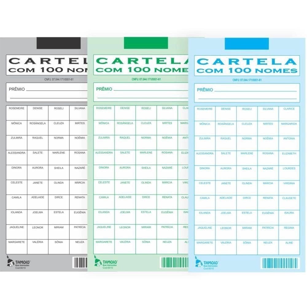 Cartela de Rifa c/100 Nomes Pct.c/50 Cartelas Tamoio
