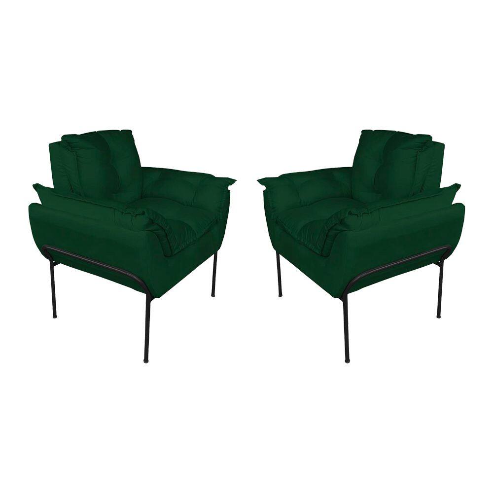Kit 2 Poltronas Luxo Suede Verde Base de Ferro Preta - Vallisa Decor