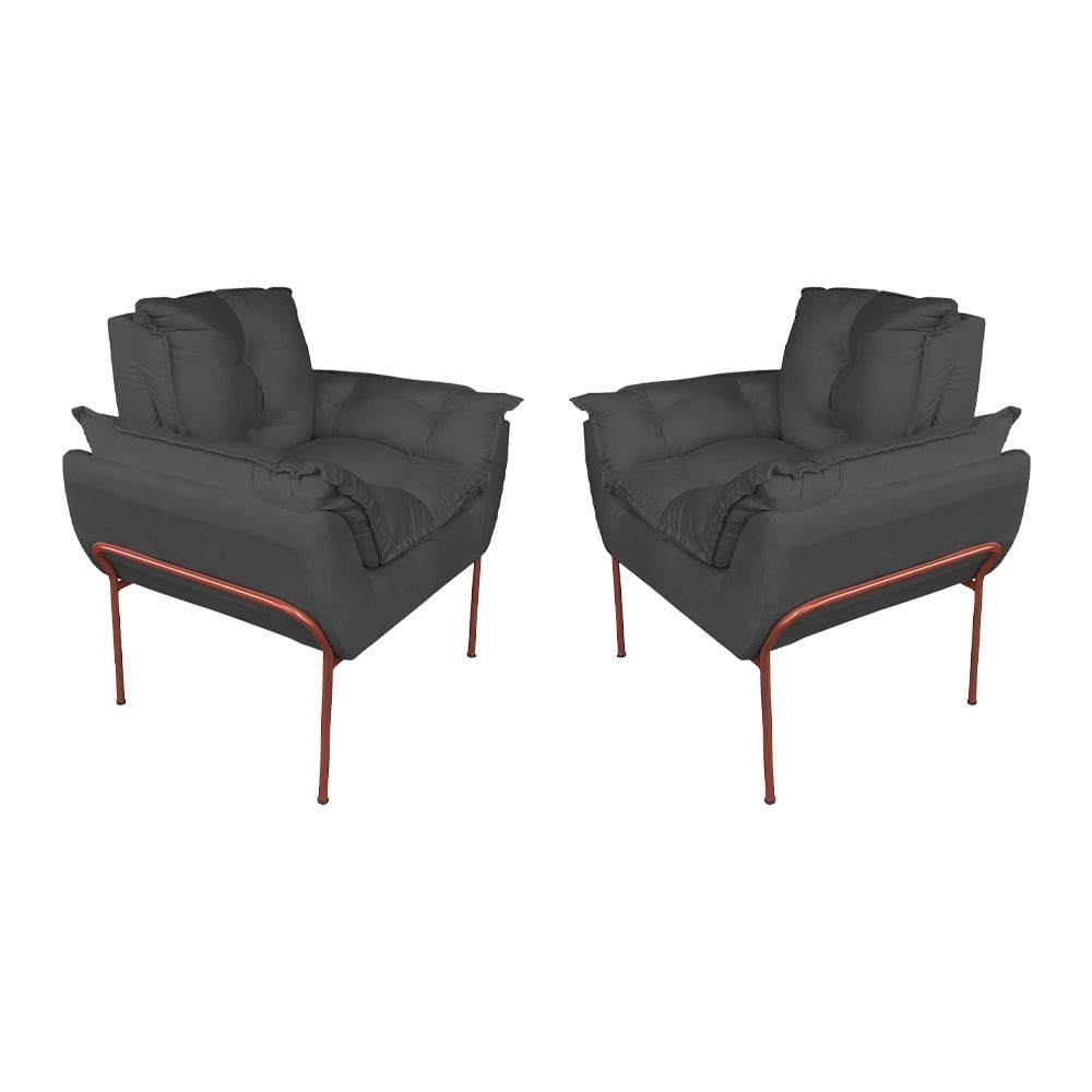 Kit Poltrona Decorativa Suede Cinza Base Cobre - Vallisa Decor