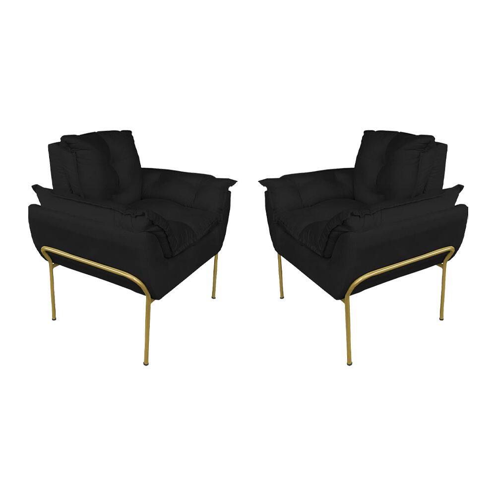 Kit 2 Poltronas Sala Base Dourada Suede Preto - Vallisa Decor