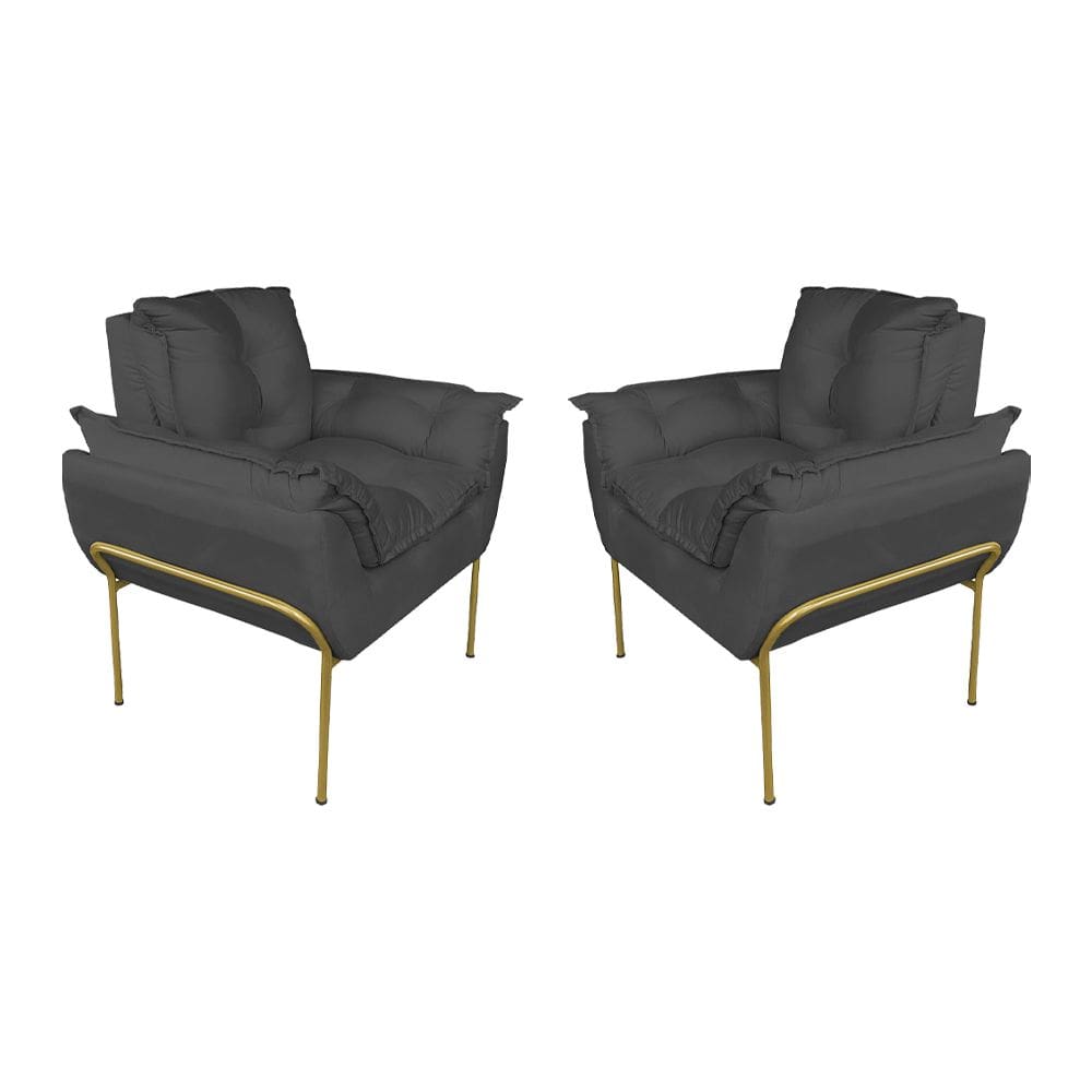 Kit Poltrona Moderna Base Dourada Suede Cinza - Vallisa Decor
