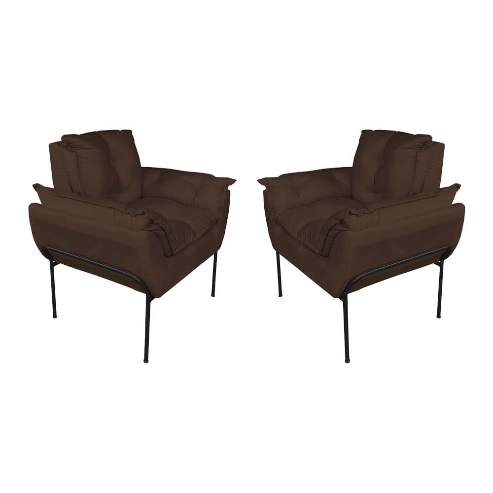 Kit 2 Poltronas Sala Base Preta Suede Marrom - Vallisa Decor