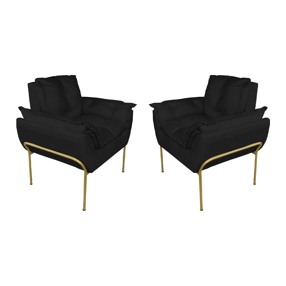 Kit Poltrona Moderna Base Dourada Suede Preto - Vallisa Decor