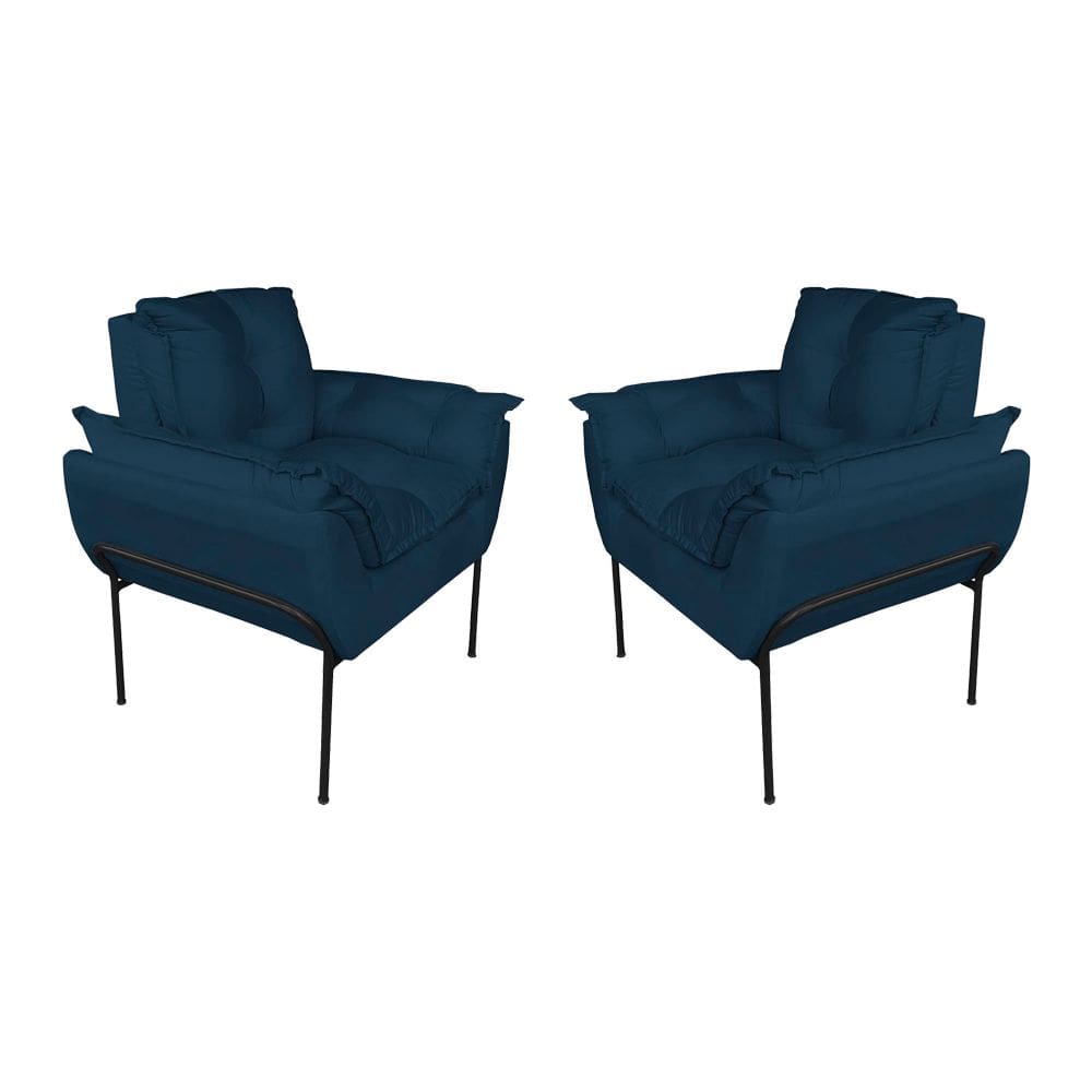 Kit Poltrona Decorativa Suede Azul Marinho Base Metálica Preta - Vallisa Decor
