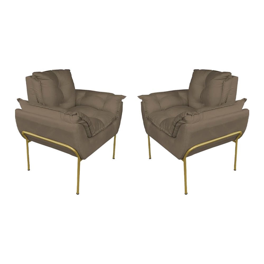 Kit Poltrona Decorativa Suede Cappucino Base Metálica Dourada - Vallisa Decor