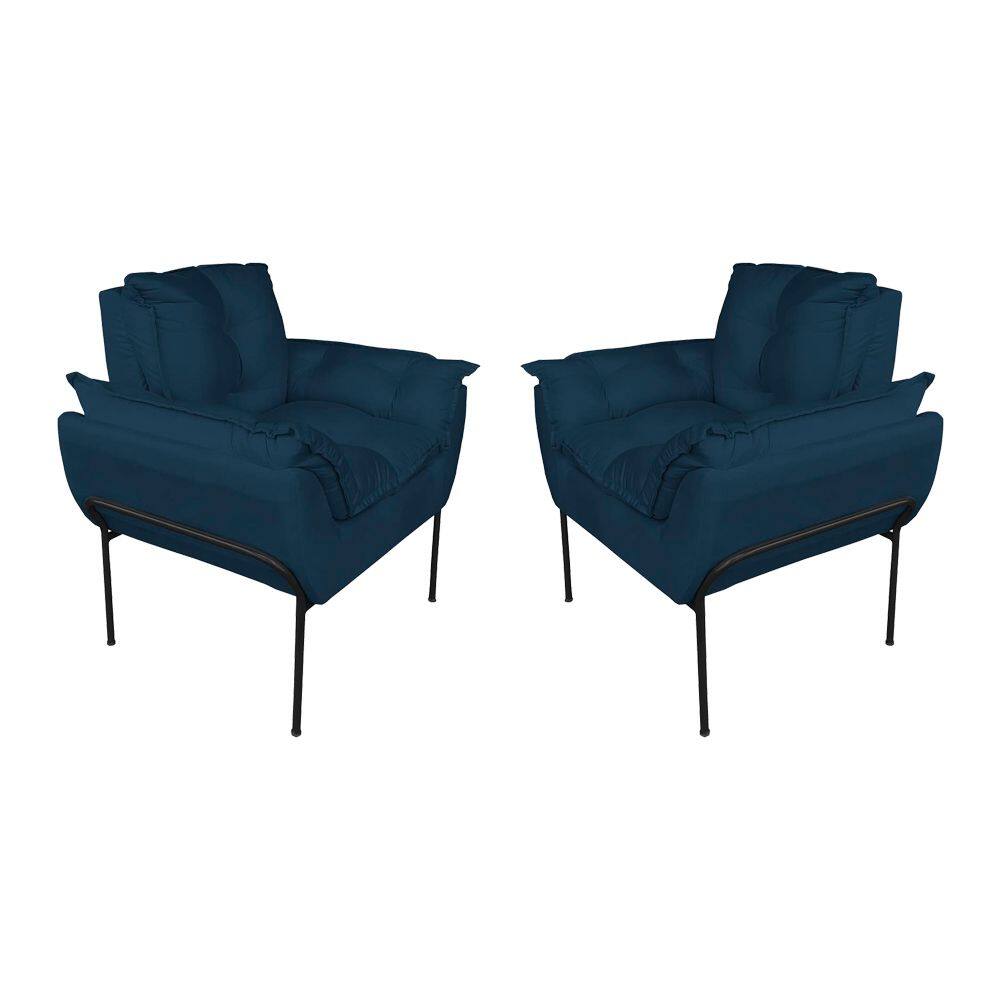 Kit 2 Poltronas Sala Base Preta Suede Azul Marinho - Vallisa Decor