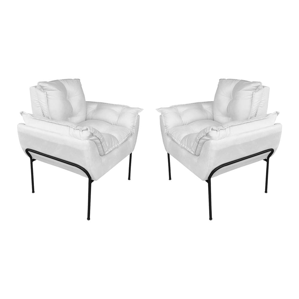 Kit Poltrona Recepção Suede Branco Base Preta - Vallisa Decor