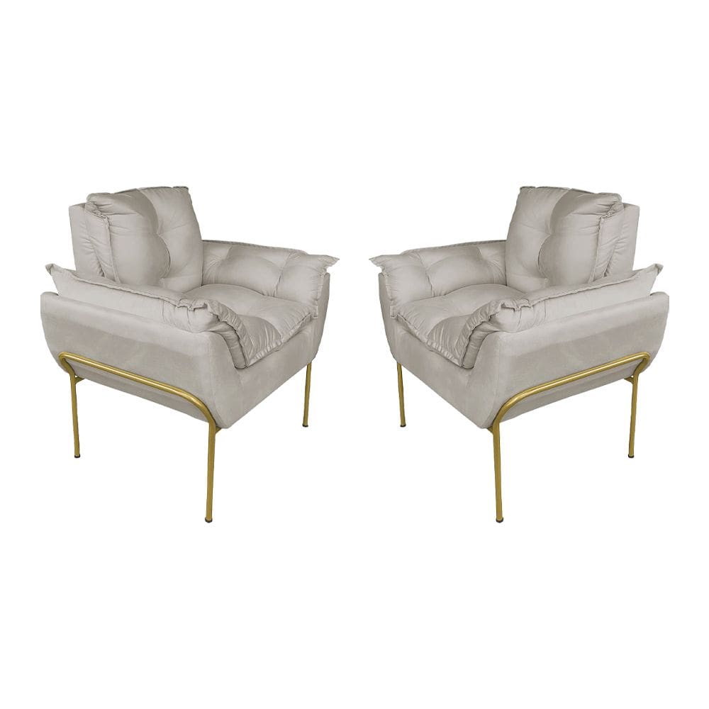 Kit 2 Poltronas Luxo Suede Bege Base de Ferro Dourada - Vallisa Decor