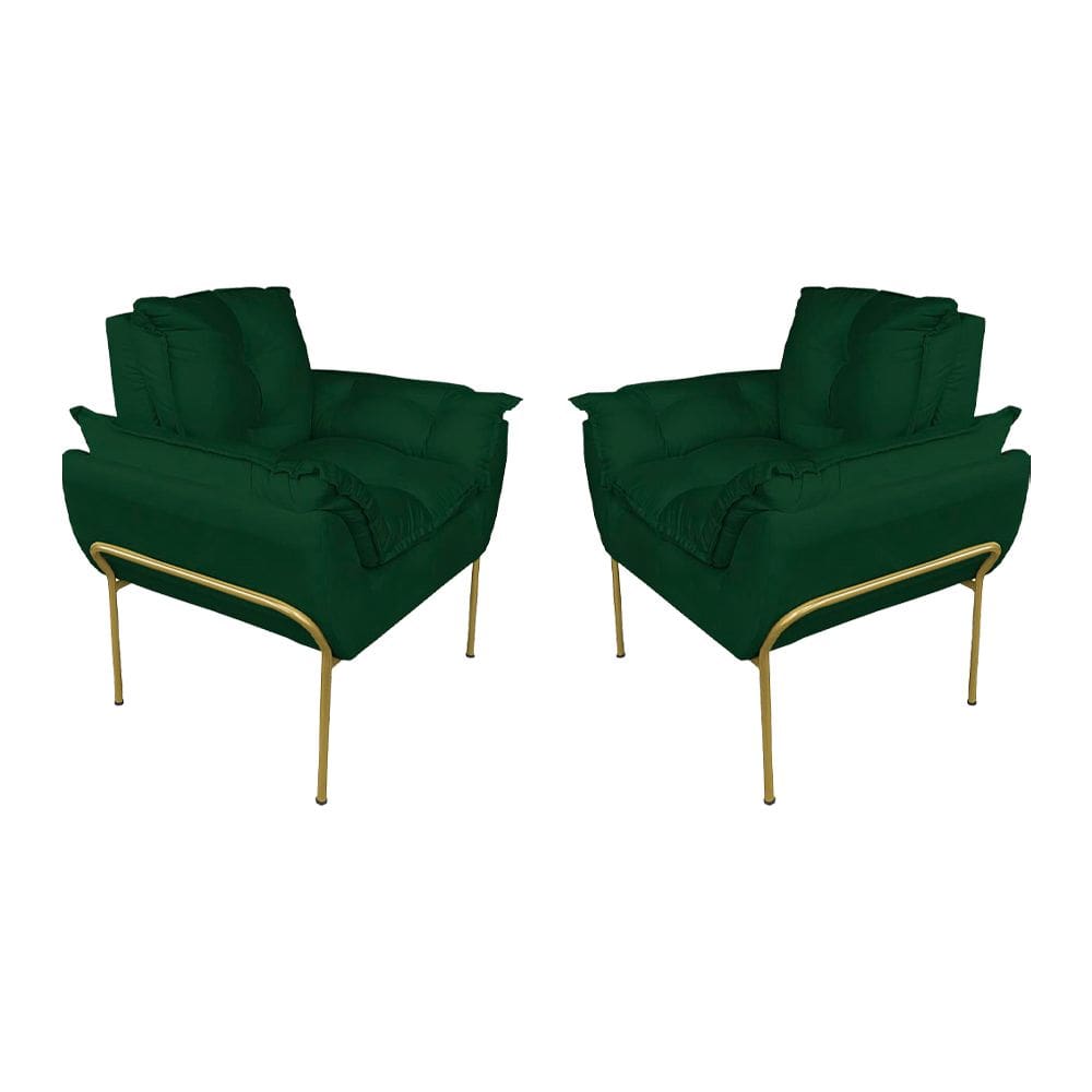 Kit Poltrona Decorativa Suede Verde Base Dourada - Vallisa Decor