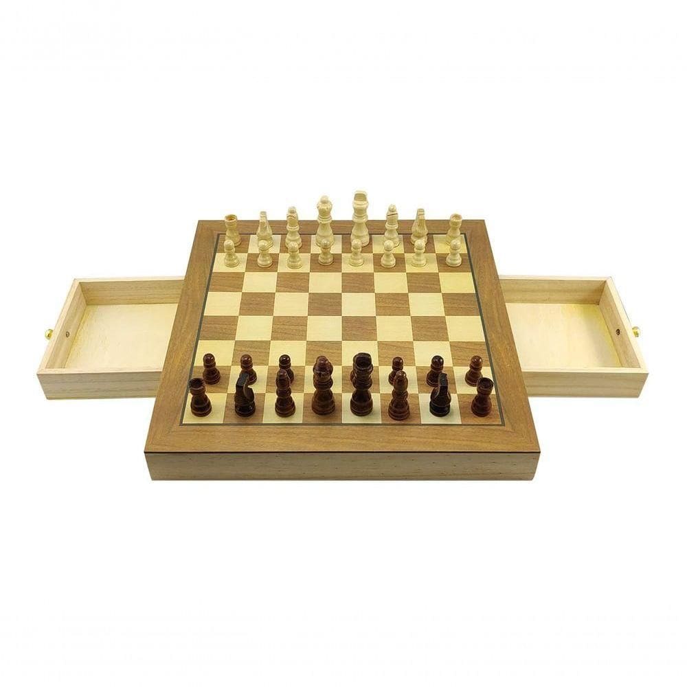 Jogo De Xadrez E Damas 2 Em 1 Hoyle Games Tabuleiro Grande 39x39cm Peças Em Madeira Com 2 Gavetas