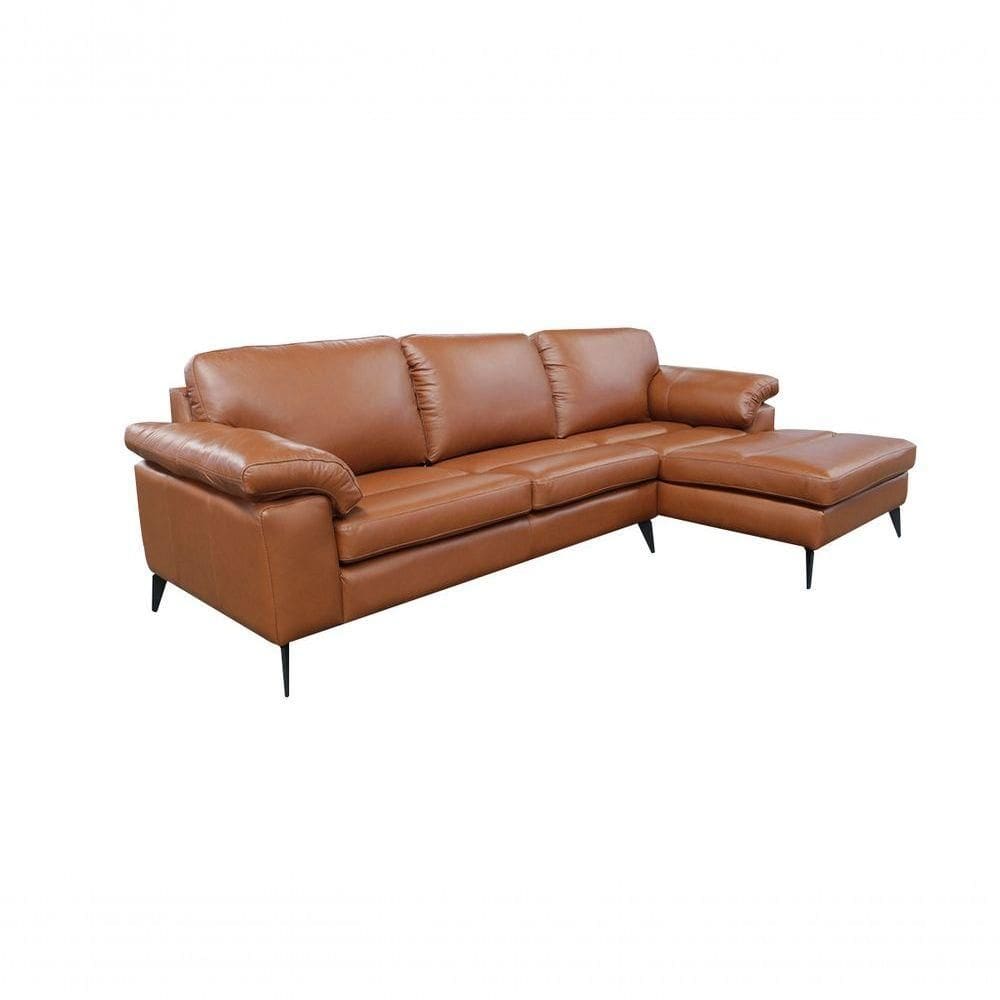 Sofá De Couro Asti 3 Lugares Com Chaise Direita Conhaque Com Brilho - Mempra Design