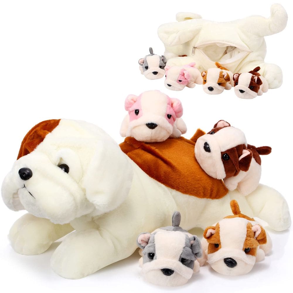 Cachorro de pelúcia Skylety com bebês dentro de 1 mamãe grande com 4 mini bebês
