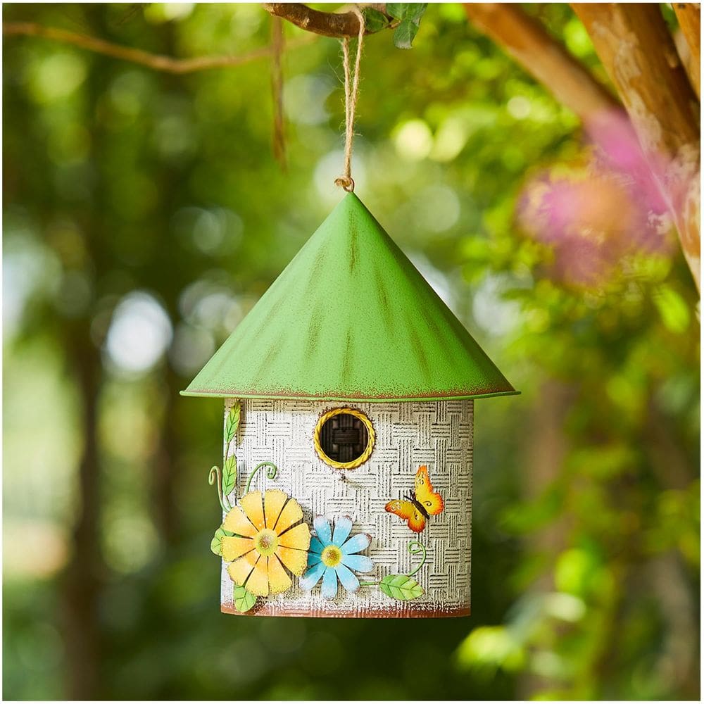 Metal envelhecido decorativo Birdhouse Glitzhome com flores