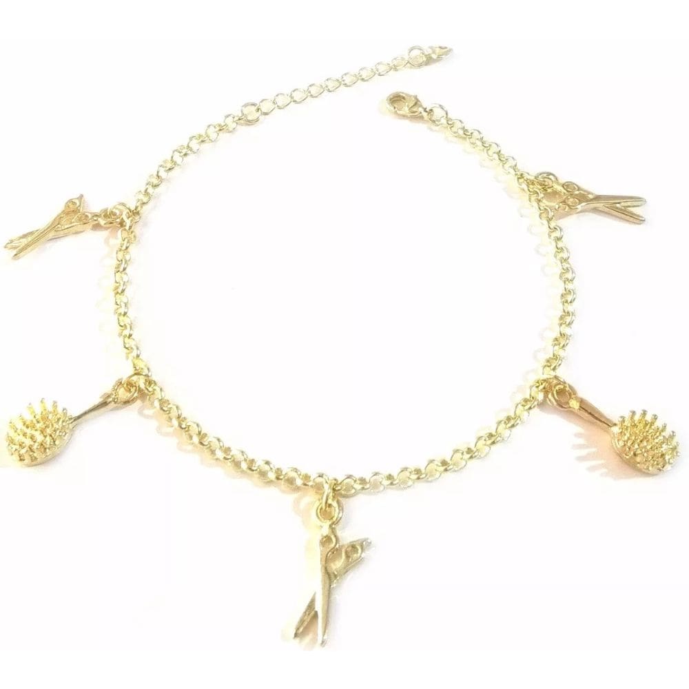 Pulseira Cabeleireira Escova Tesoura Beleza Folheado 18k