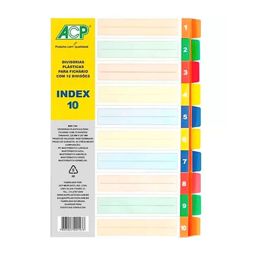 Divisórias Para Fichário Caderno Argolado Universitário Colorido 22,5 x 29,7cm - ACP