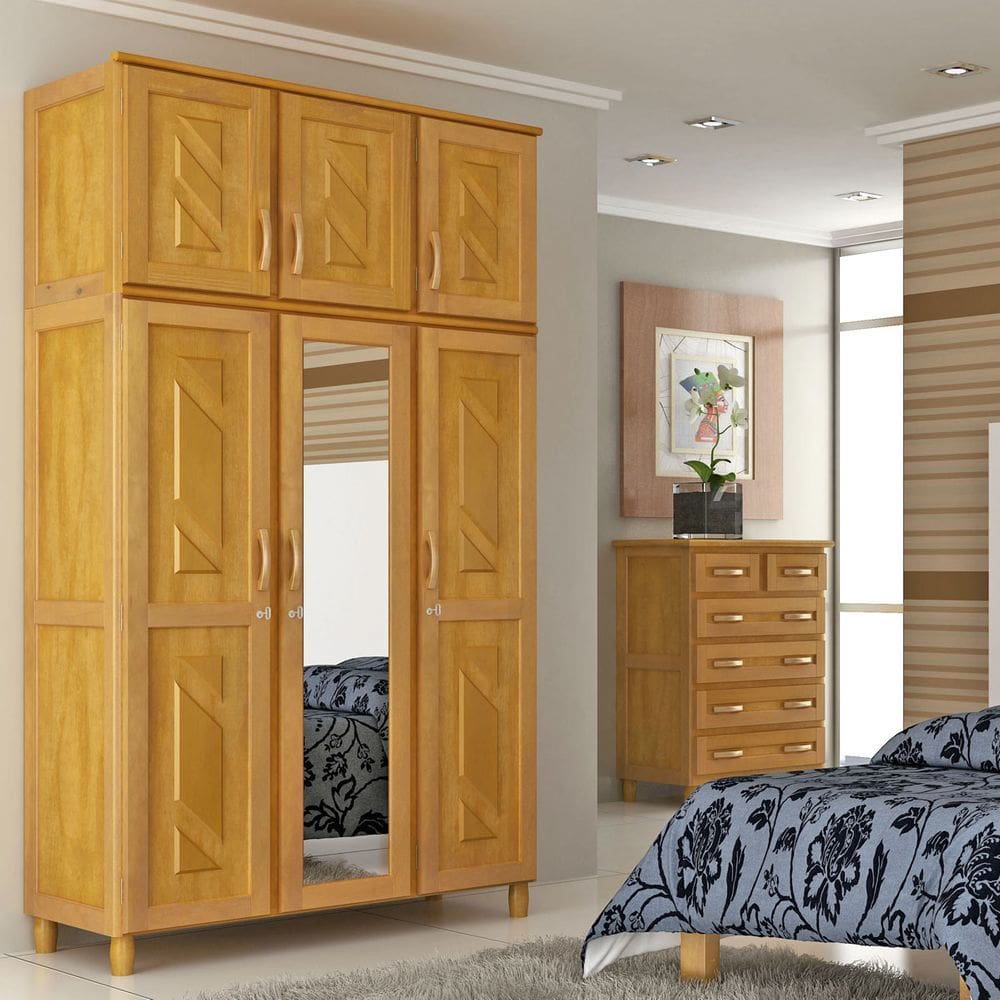 Conjunto de Quarto Grécia: Guarda-Roupa 6 Portas Cômoda 6 Gavetas Madeira Pinus Freijó - Cavazotto