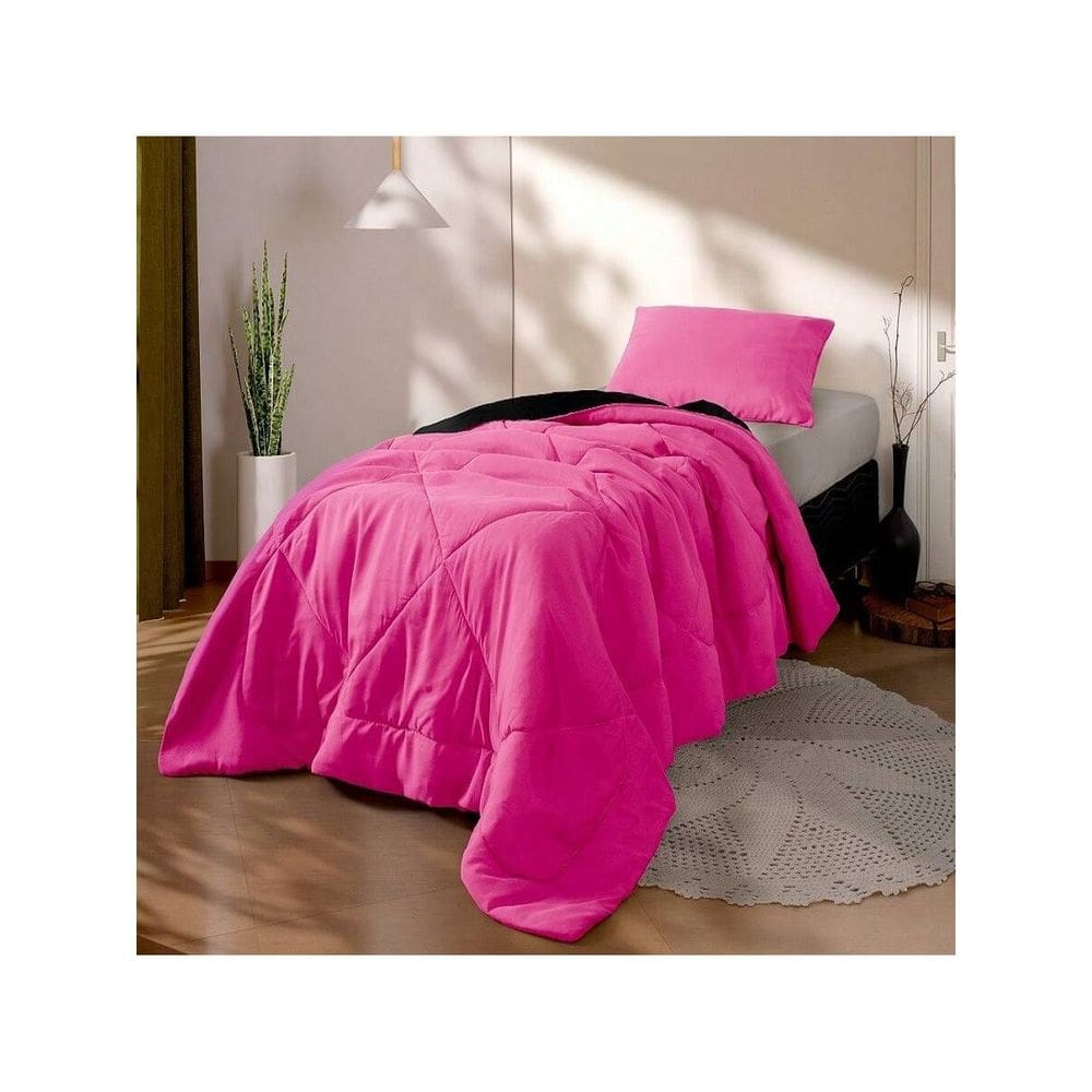 Kit Edredom Solteiro 2 Peças Cobertor Margarida Pink e Preto