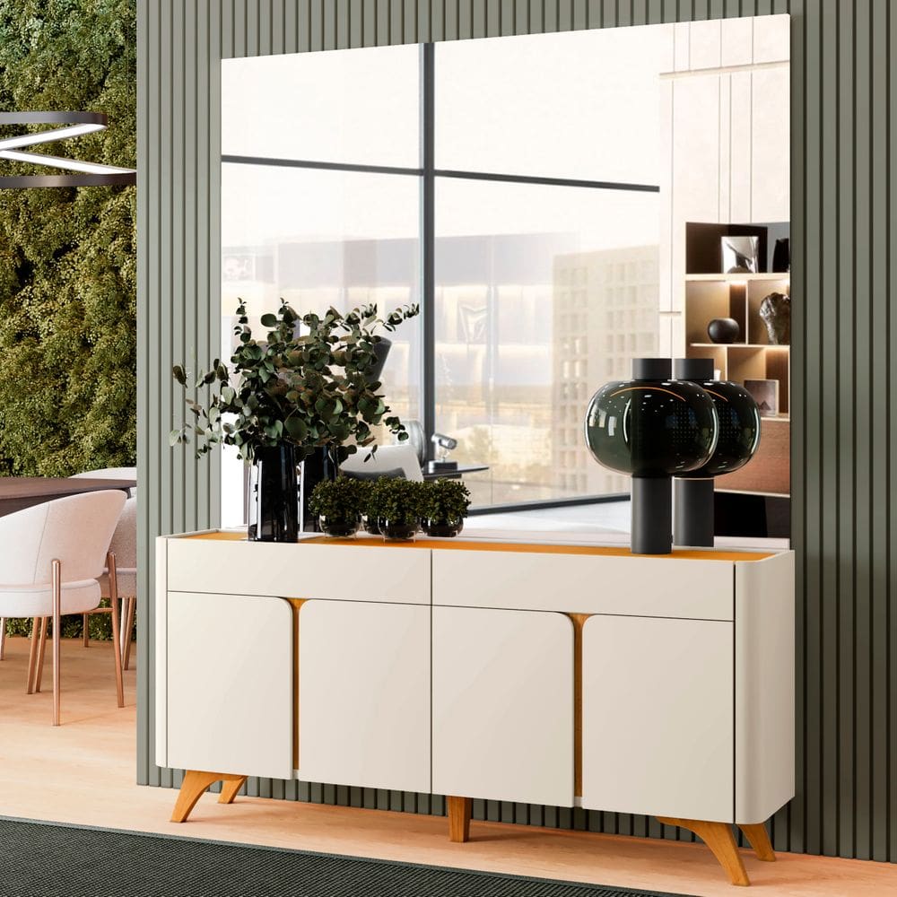 Buffet Aros 4 Portas Pés de Madeira Maciça Off White/Naturalle - Mavaular