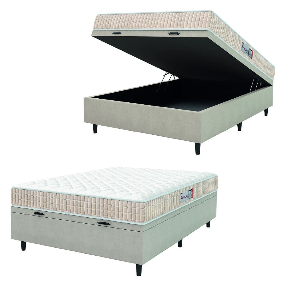 Cama Box Baú Colchão Casal Espuma D33 New Millenium 138x188x60cm Branco / Bege Hellen - Suporta até
