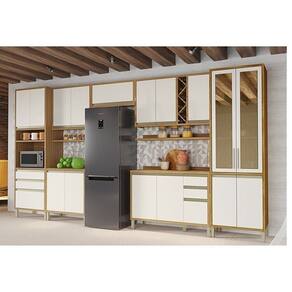 Cozinha Modulada Completa 420cm 7 Peças 17 Portas com Tampo 100% MDF Barbados Espresso Móveis Amêndoa/Off White