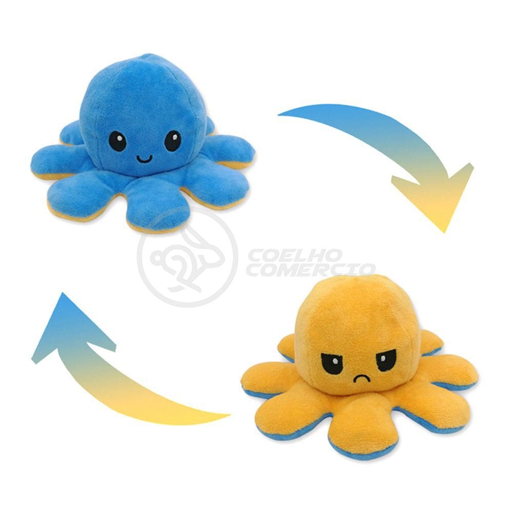 Polvo Reversível Bipolar de Pelúcia Humor Feliz e Bravo 2 em 1 TikTok Fofinho Macio - Azul e Amarelo