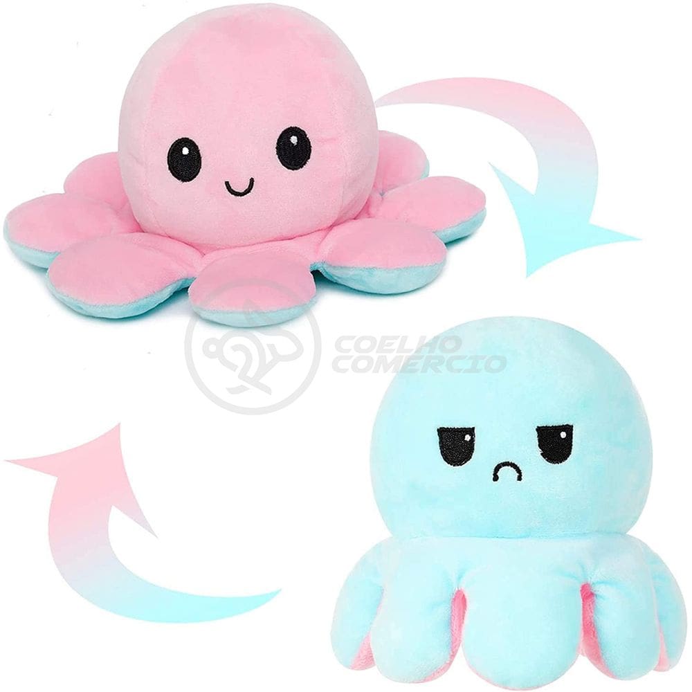 Polvo Reversível Bipolar de Pelúcia Humor Feliz e Bravo 2 em 1 TikTok Fofinho Macio - Rosa e Azul