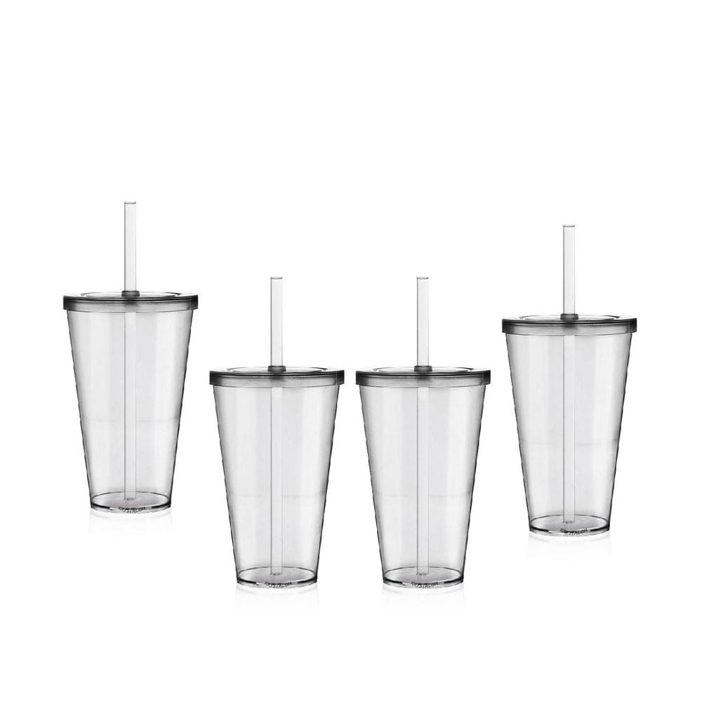 Kit 4 Copos Big Drink Tampa E Canudo Acrílico Transparente
