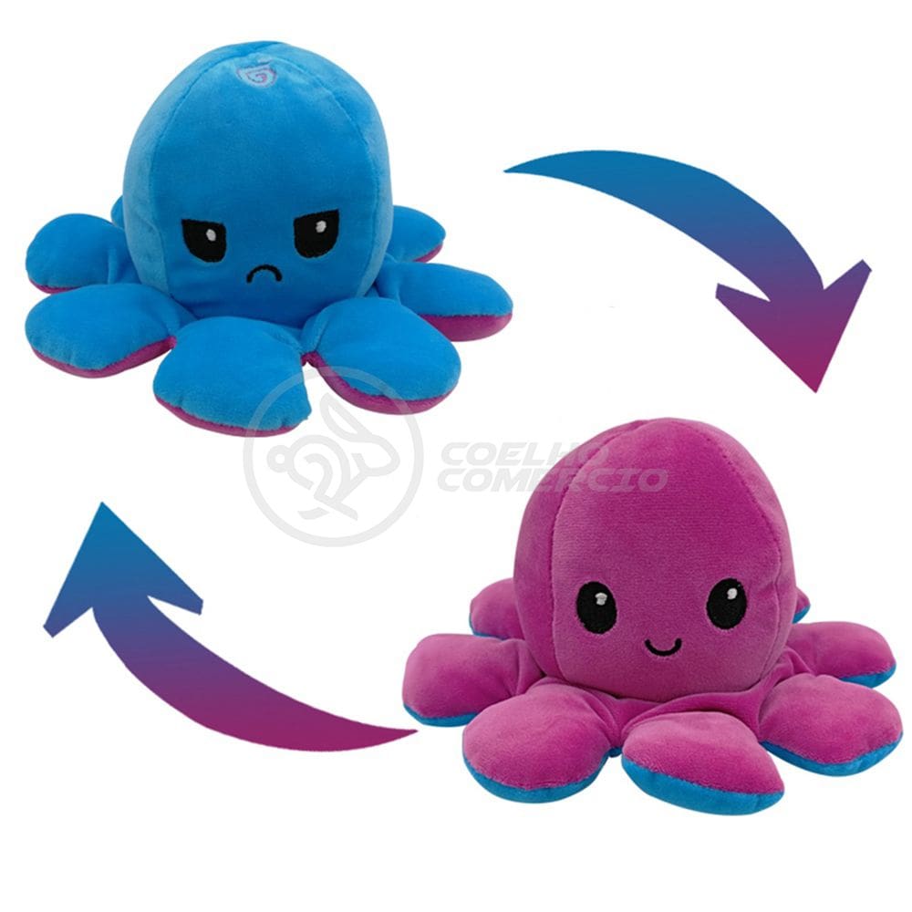 Polvo Reversível Bipolar de Pelúcia Humor Feliz e Bravo 2 em 1 TikTok Fofinho Macio - Azul e Roxo