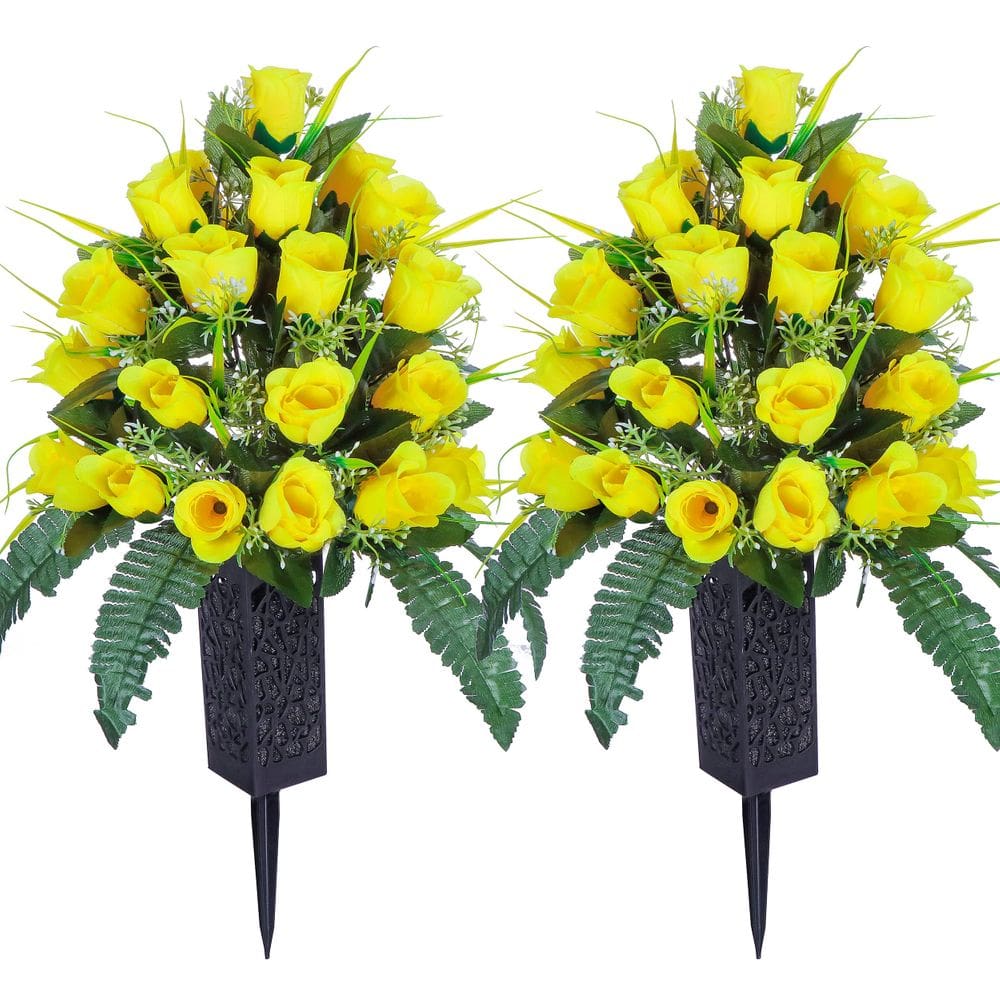 2 conjuntos de flores artificiais de cemitério LVXINLI com vaso amarelo