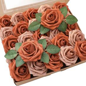 Flores artificiais Floroom de aparência real, laranja queimada e espuma cinza quente, rosas falsas, 25 unidades