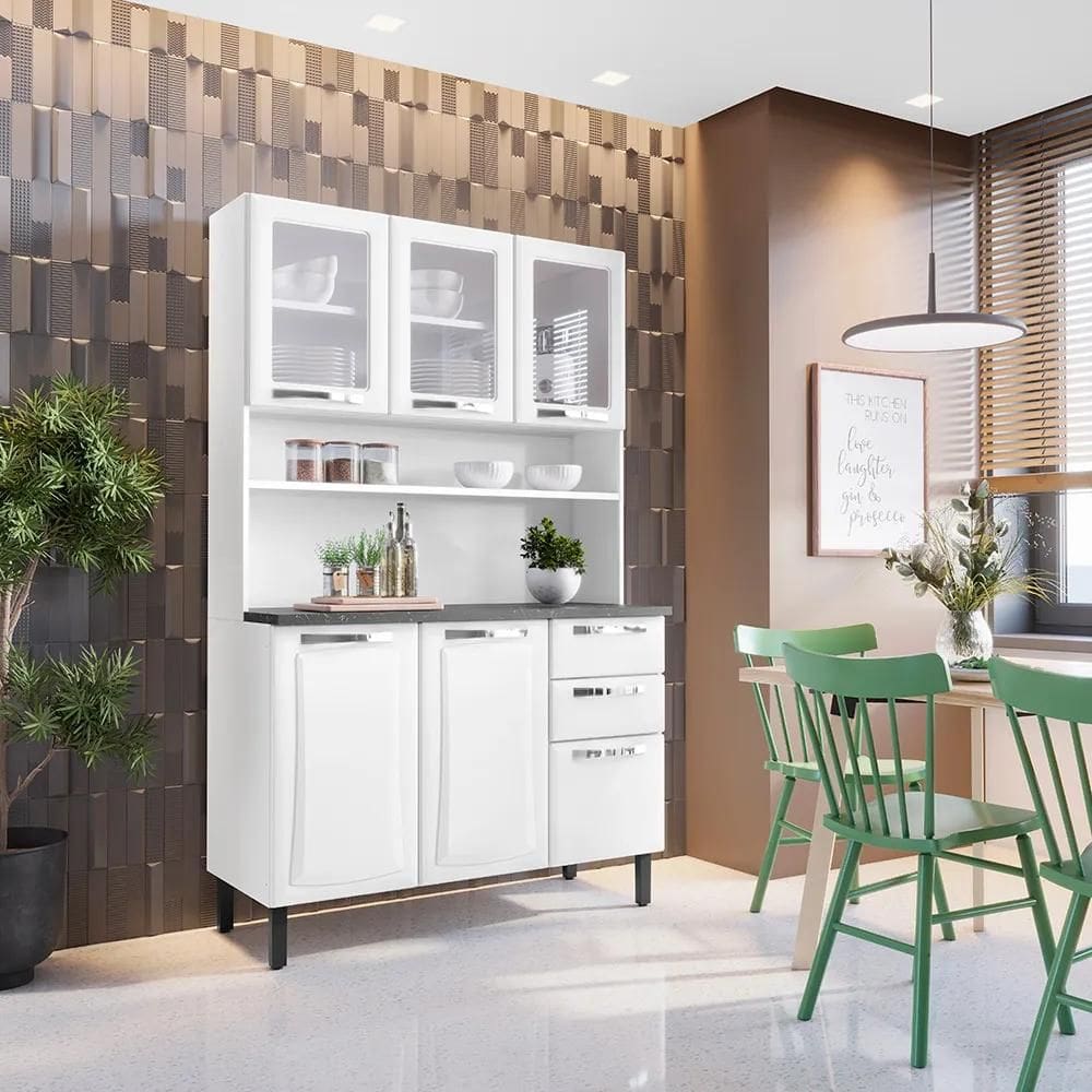 Kit de Cozinha Compacta Branco 120cm em Aço 6 Portas 3 Vidros 2 Gavetas Pratika