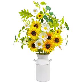 Flores artificiais obbsie 23,5 cm de girassol de seda com vaso de metal