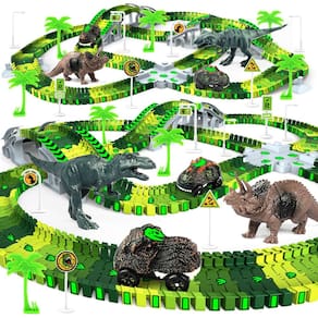 Conjunto de brinquedos Desuccus Dinosaur World Road Race Tracks com 2 carros