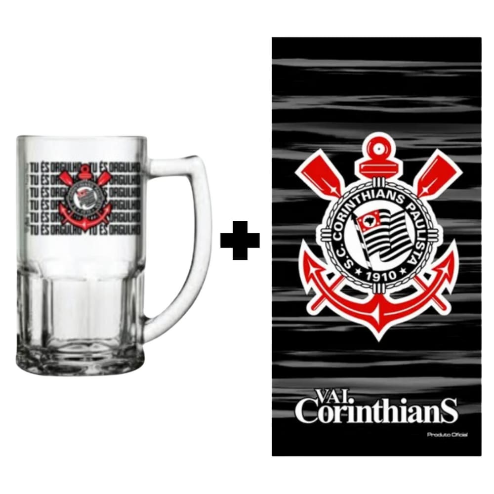 Kit Toalha + Caneca Vidro Cerveja Chopp 340 ml Corinthians Oficial Licenciado